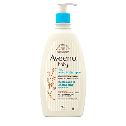 Aveeno Baby Daily Moisture Gentle Body Wash & Shampoo with Oat Extract, 2-in-1 Baby Bath Wash & Hair Shampoo, Tear- & Paraben-Free for Hair & Sensitive Skin, Lightly Scented, 18 fl. oz