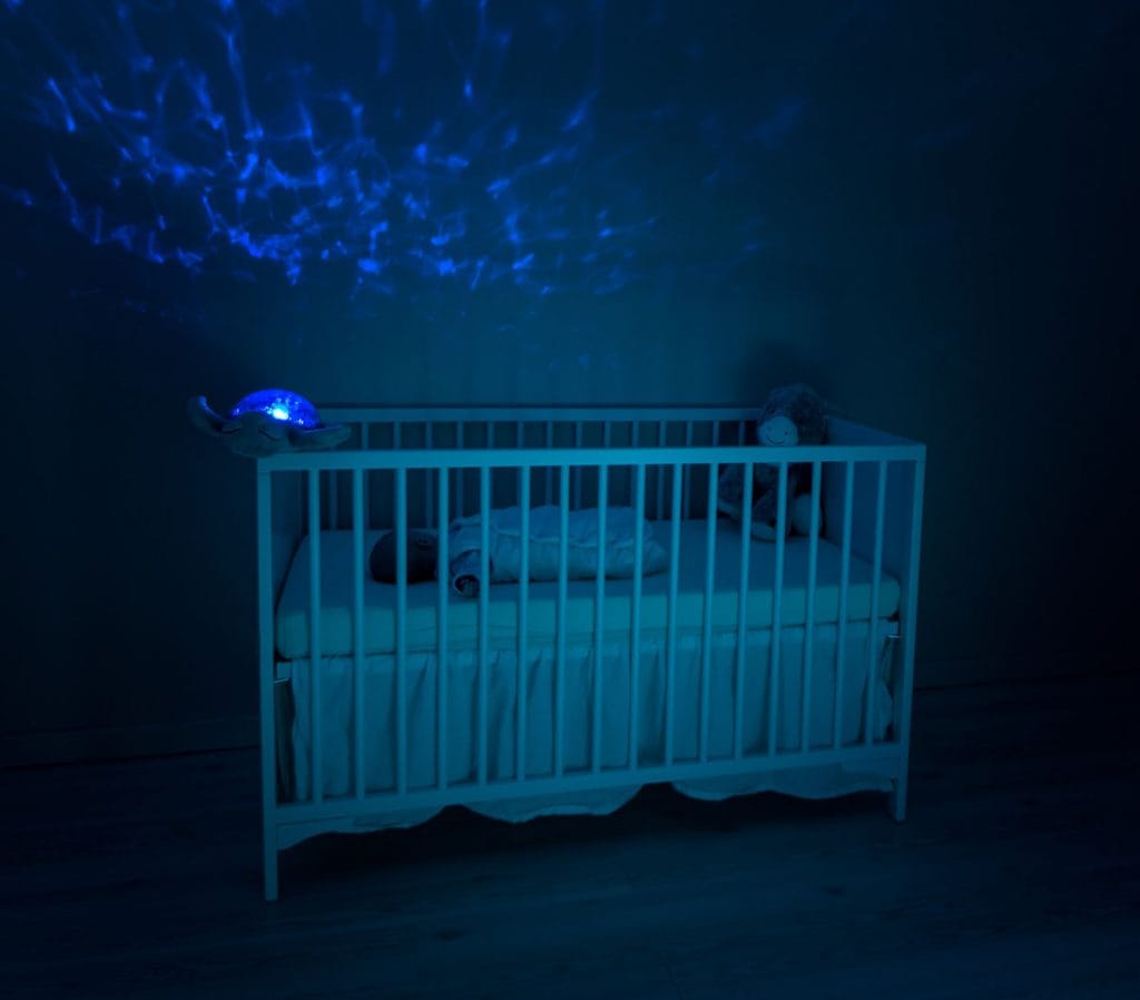 A photo of a crib in a dark room