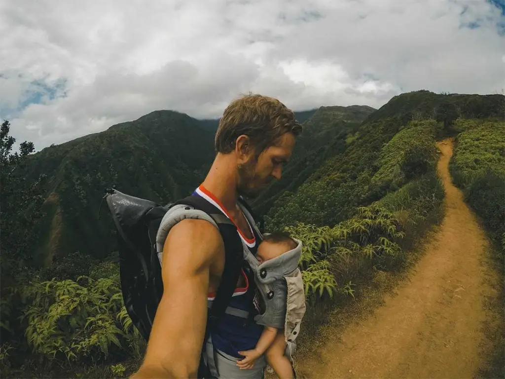 Father and his baby on hiking